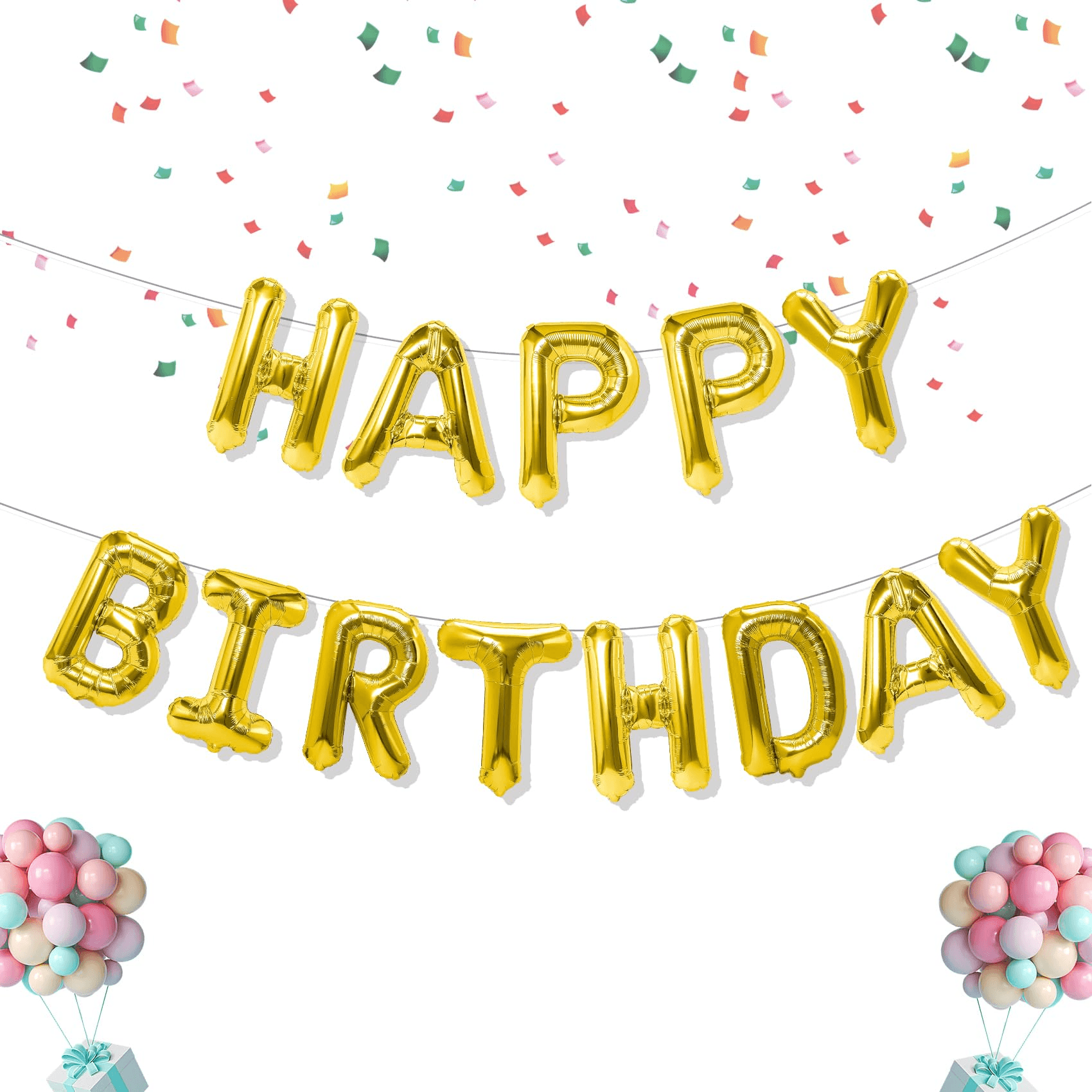 Happy Birthday Balloons Banner 13 Pcs Set (Gold)