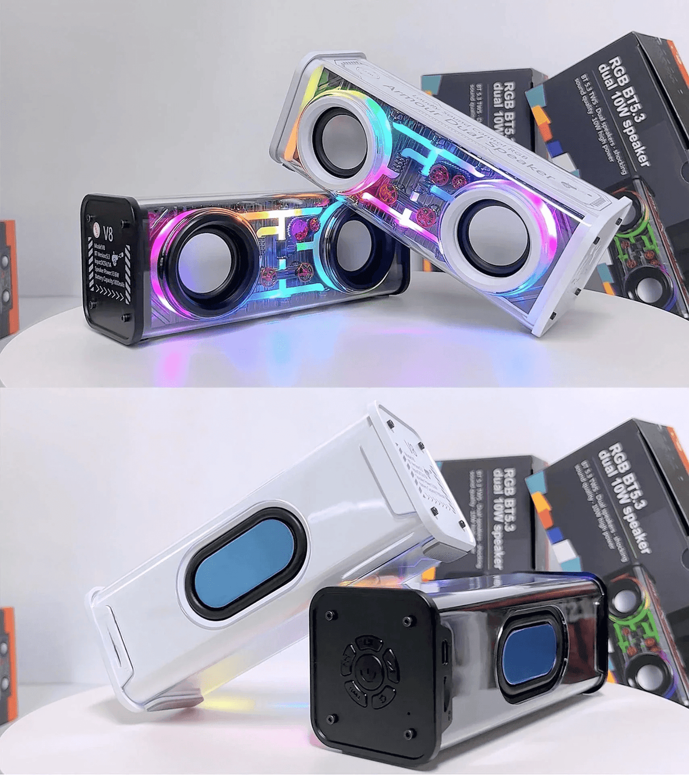 Transparent RGB Wireless Portable Bluetooth Dual Speaker - V8