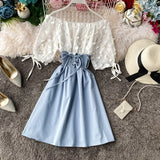 Slash Neck Solid Chiffon Puff Sleeve Flower Party Dress