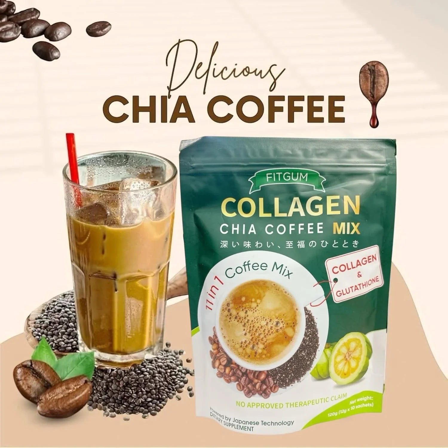 Fitgum chia coffee 3 個セット FITGUM Collagen Chia Coffee - 11 in