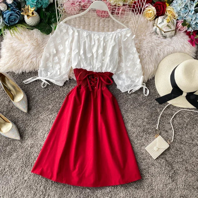 Slash Neck Solid Chiffon Puff Sleeve Flower Party Dress