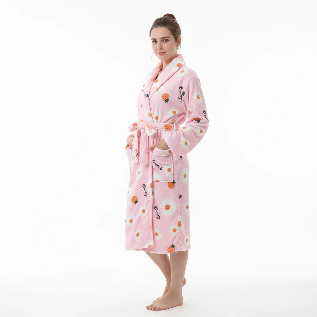 Long Sleeves Comfortable Flannel Bathrobe Coral Fleece