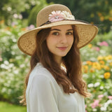 Women's Wide Brim Straw Sun Hat with Flower & Pearl Trim