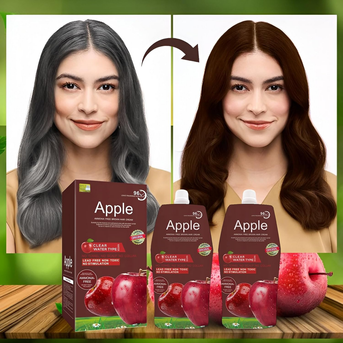 Apple Ammonia Free Dark Brown Hair Color Cream 96H - 500ml+500ml