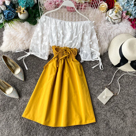 Slash Neck Solid Chiffon Puff Sleeve Flower Party Dress