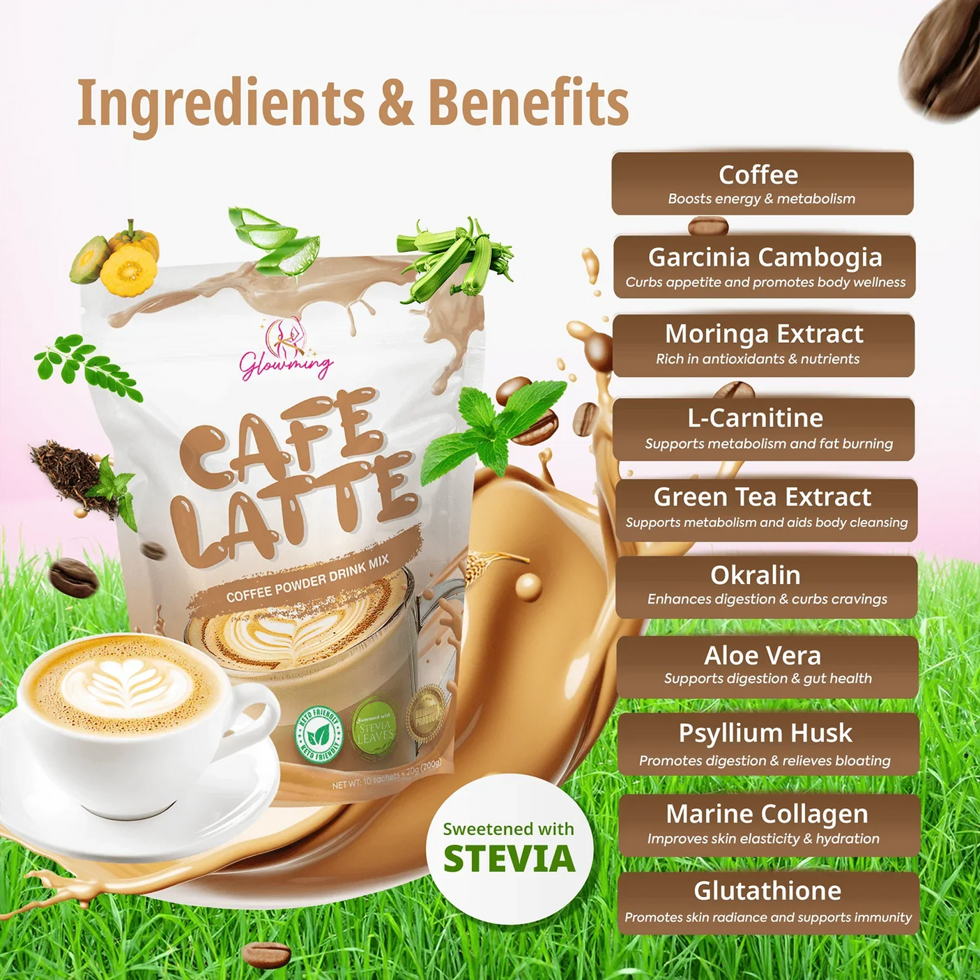 Glowming Cafe Latte Coffee Powder Drink Mix - 10 Sachets x 20g