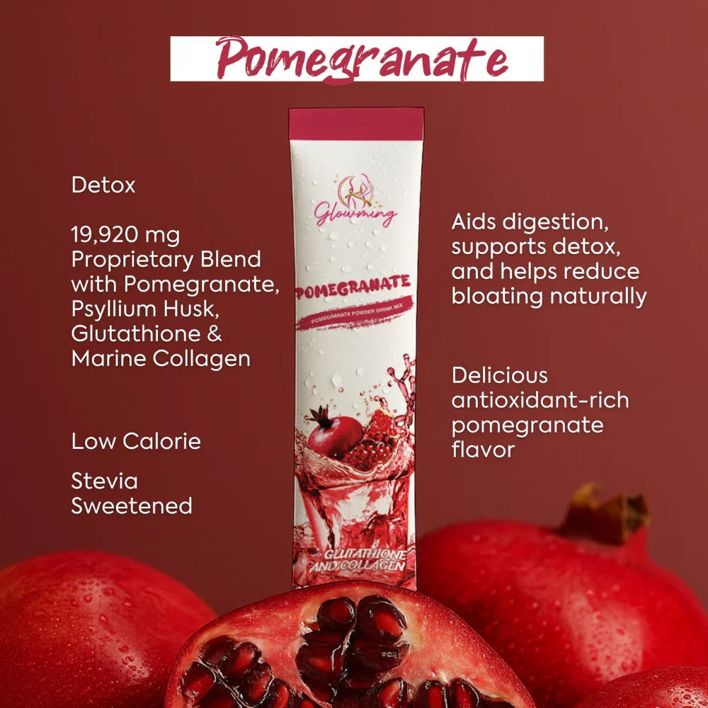 Pomegranate Flavor Supplement Glowming Pomegranate Powder Drink Mix - 10 Sachets With Glutathione & Collagen | 20g Per Serving Pomegranate Flavor Supplement Glowming Pomegranate Powder Drink Mix - 10 Sachets With Glutathione & Collagen | 20g Per Serving