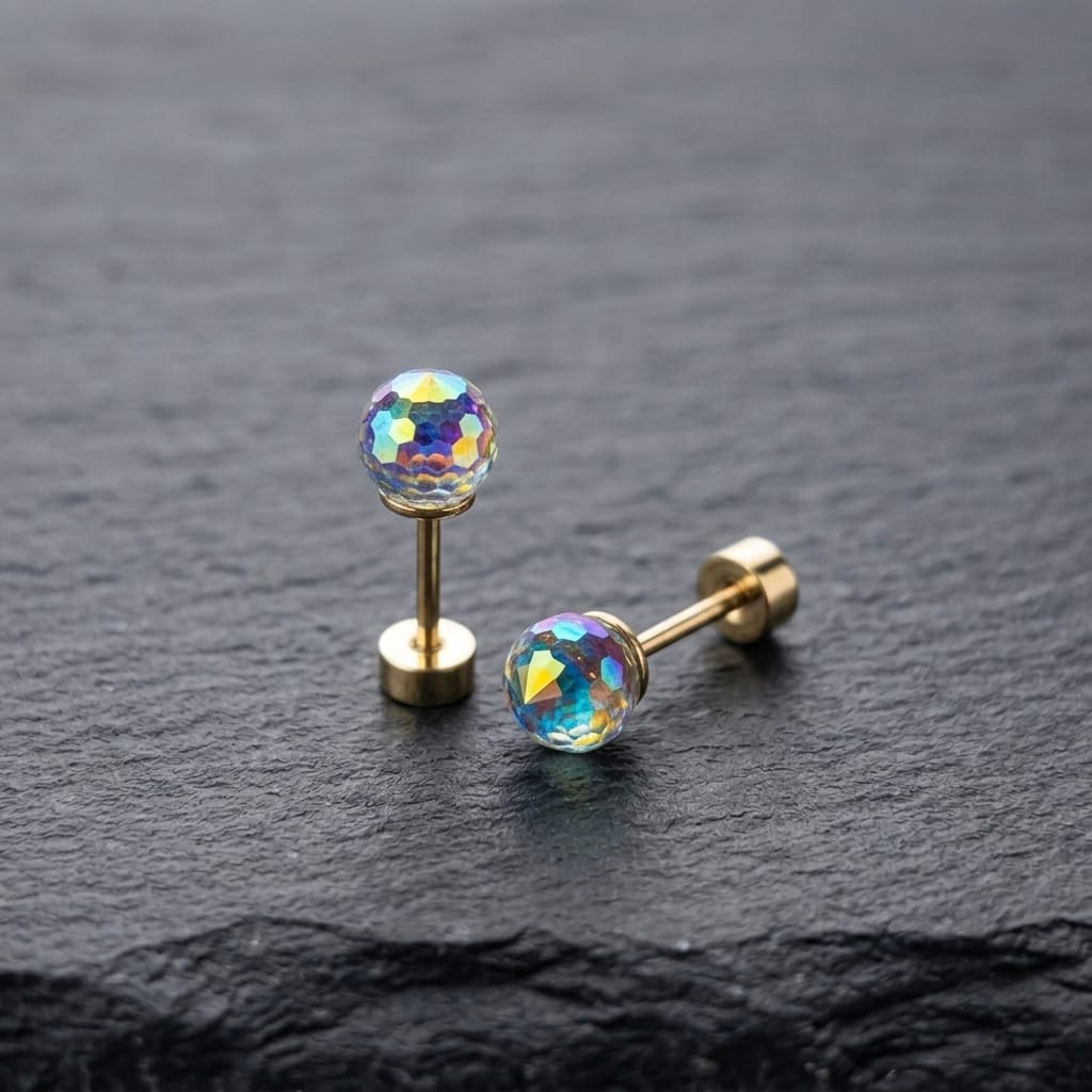 Golden Stainless Steel Colorful Zircon Stud Earrings - 123