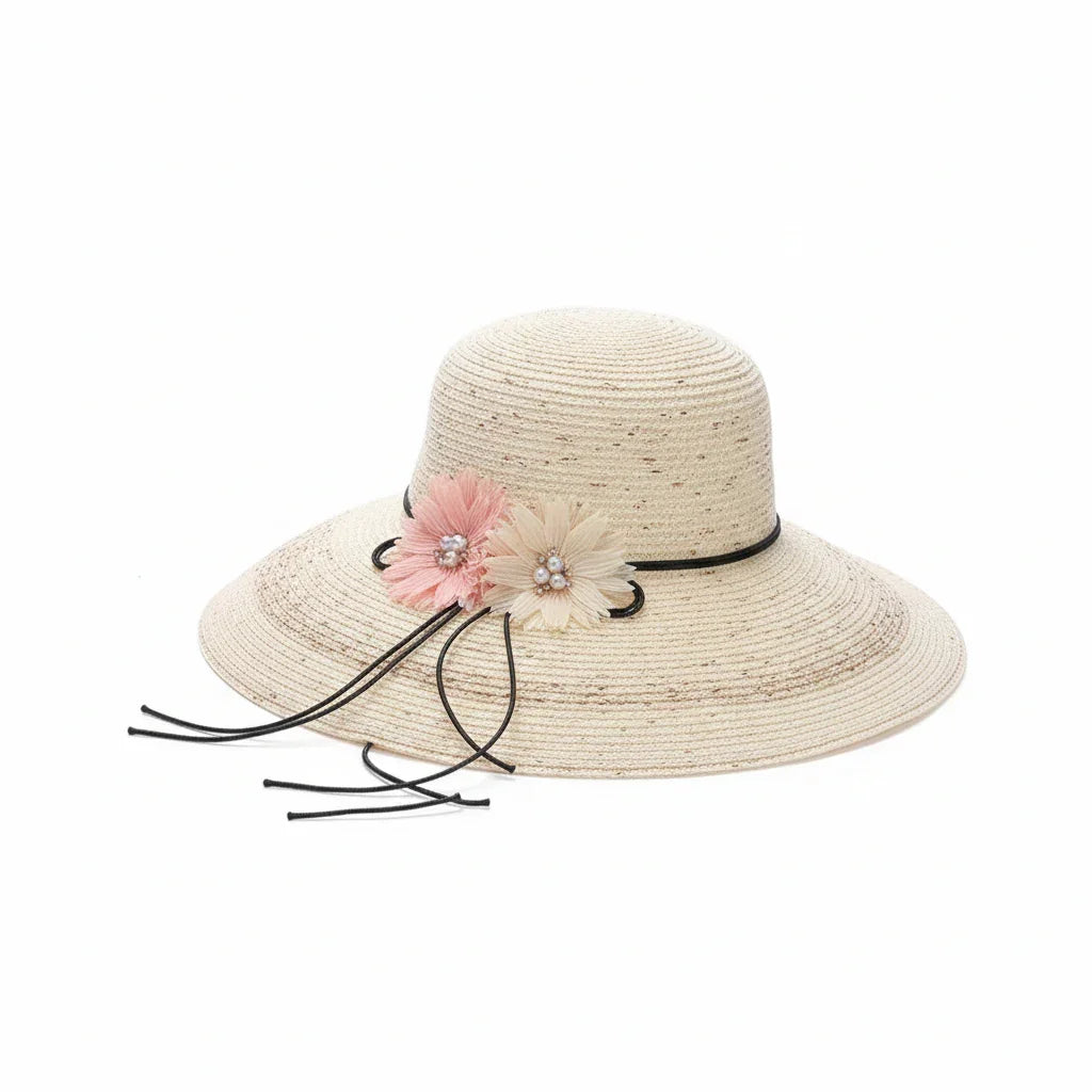 Women's Wide Brim Straw Sun Hat with Flower & Pearl Trim