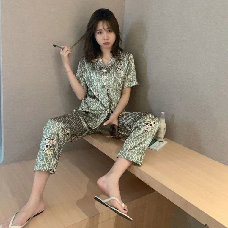Women's Korean Fashion Silk Satin Pajamas Set