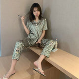 Women's Korean Fashion Silk Satin Pajamas Set