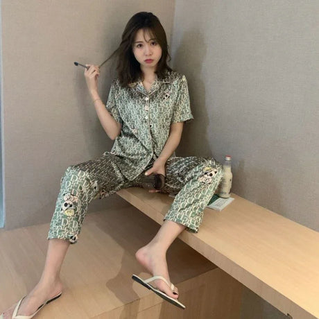 Women's Korean Fashion Silk Satin Pajamas Set