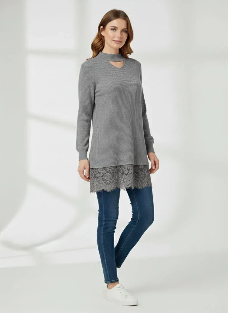 Women's Ribbed Choker Sweater with Lace Hem