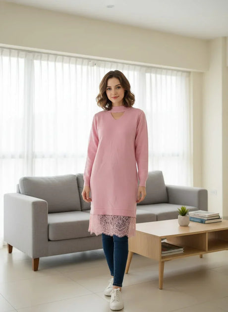 Women's Ribbed Choker Sweater with Lace Hem