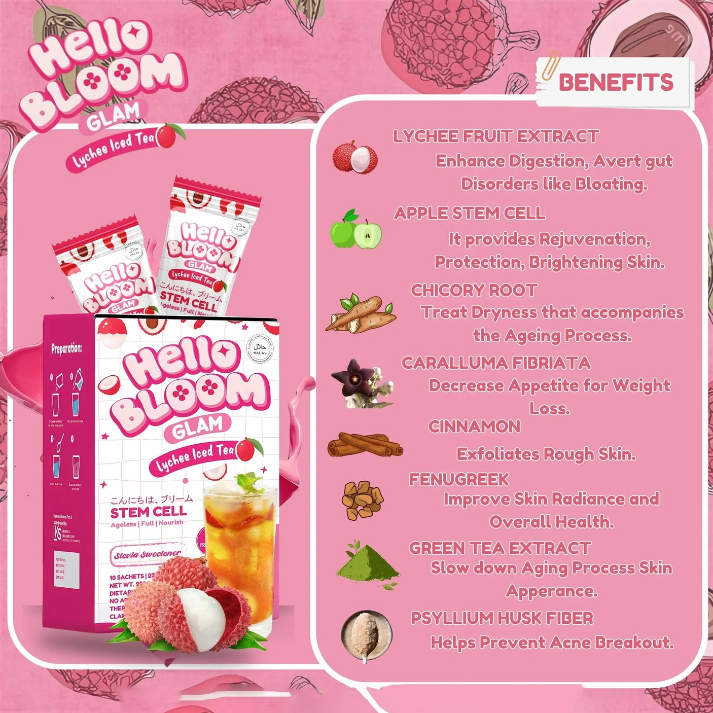 Hello Bloom Glam Lychee Iced Tea Juice Drink - 10s × 18g (180g)