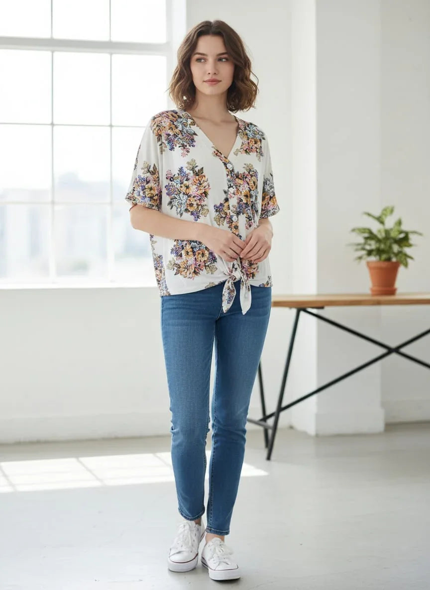 Women's Trendy Floral Pattern Down V-neck Top
