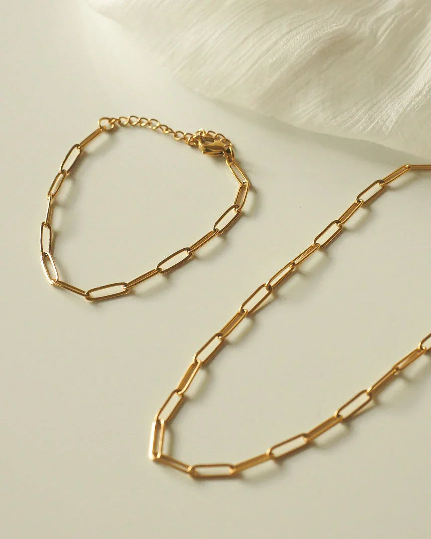 Paperclip Necklace Chain With Bracelet Jewel Set - FJ4211