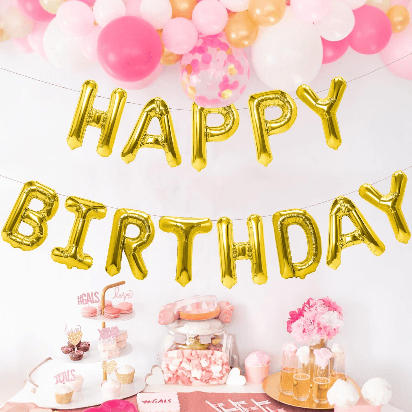 Happy Birthday Balloons Banner 13 Pcs Set (Gold)