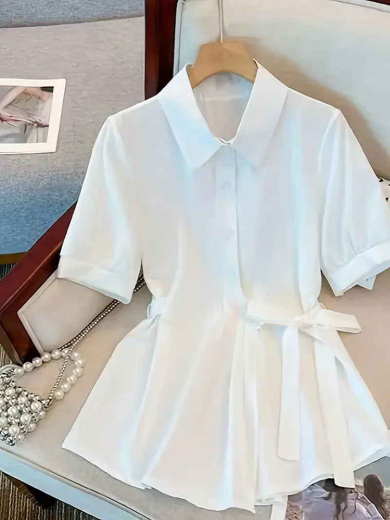 Women's Short Sleeve Side Bow Tie Fashion Tops - 016