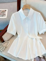 Women's Short Sleeve Side Bow Tie Fashion Tops - 016