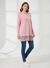 Women's Ribbed Choker Sweater with Lace Hem