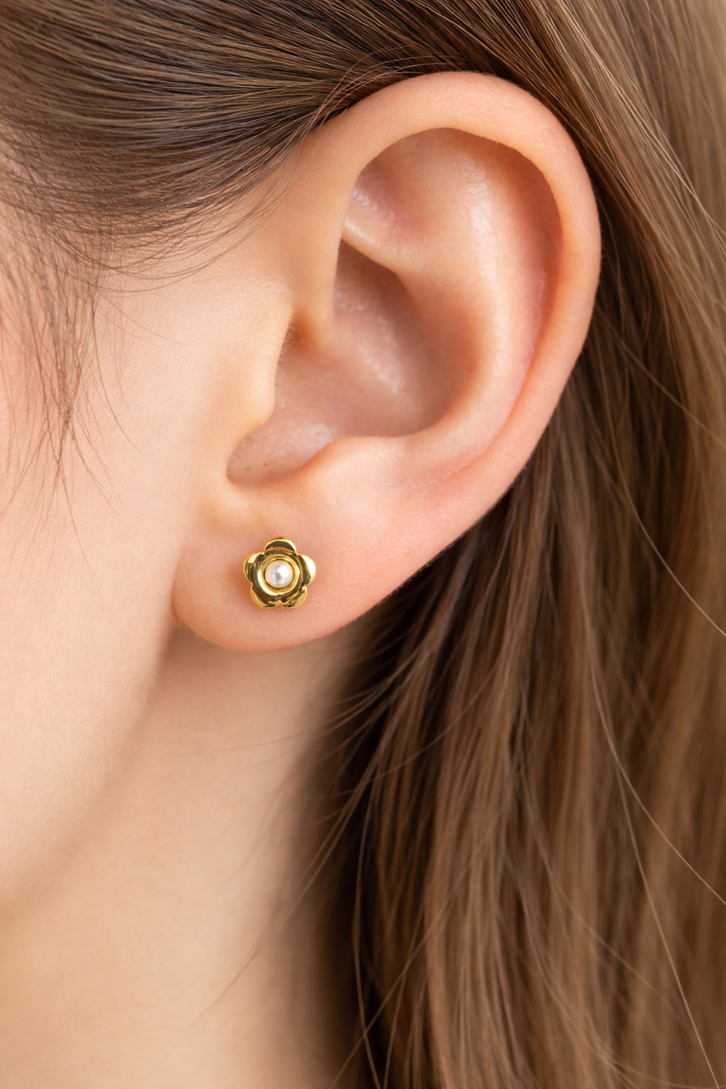 Golden Stainless Steel Small Pearl Design Stud Earrings - 123