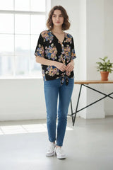 Women's Trendy Floral Pattern Down V-neck Top
