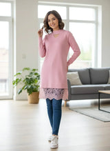 Women's Ribbed Choker Sweater with Lace Hem