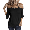 Womens Spaghetti Straps Cold Shoulder Shirts Casual Half Sleeve Tops - Y231