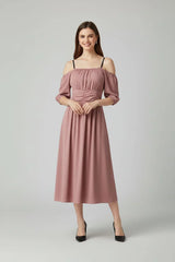 Women's Off-Shoulder Midi Dress with Puff Sleeves