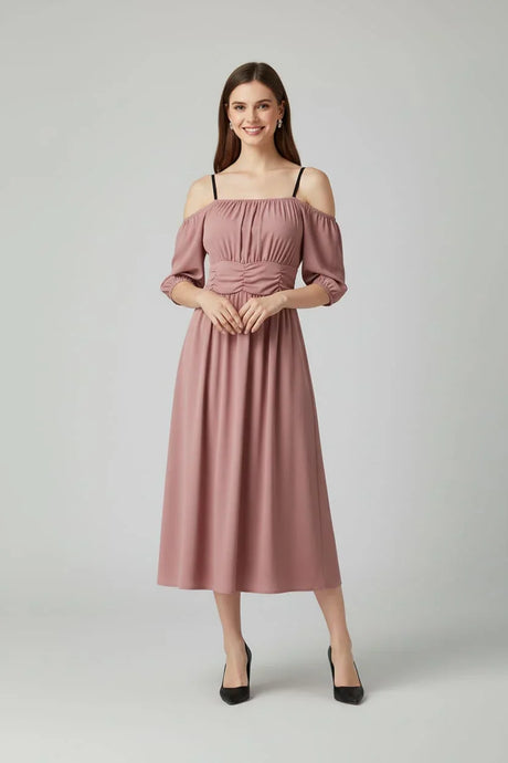 Women's Off-Shoulder Midi Dress with Puff Sleeves
