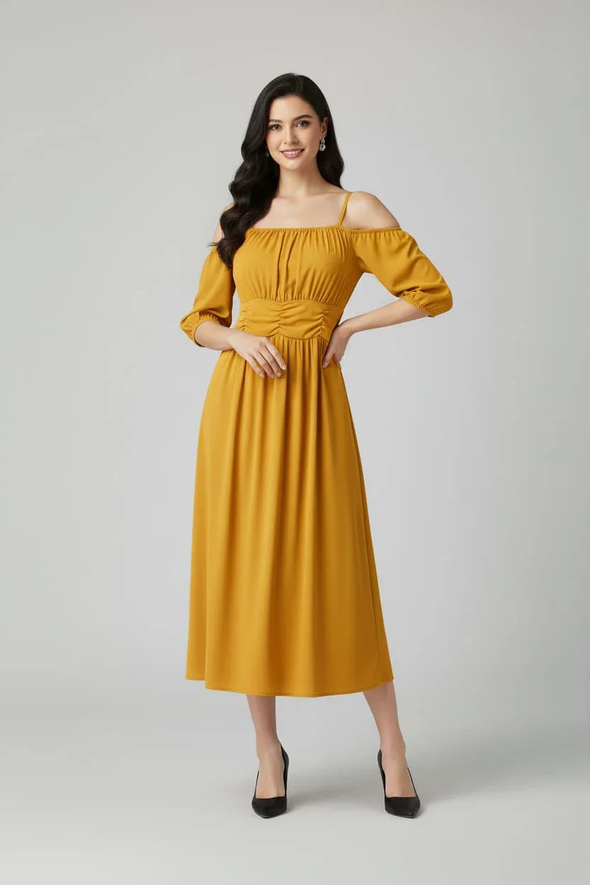 Women's Off-Shoulder Midi Dress with Puff Sleeves