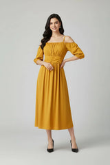 Women's Off-Shoulder Midi Dress with Puff Sleeves
