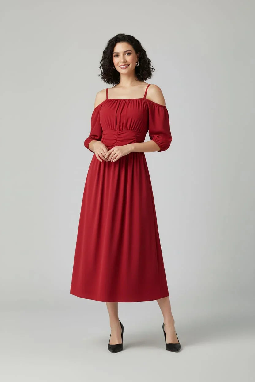Women's Off-Shoulder Midi Dress with Puff Sleeves