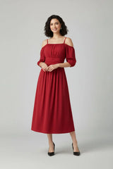 Women's Off-Shoulder Midi Dress with Puff Sleeves