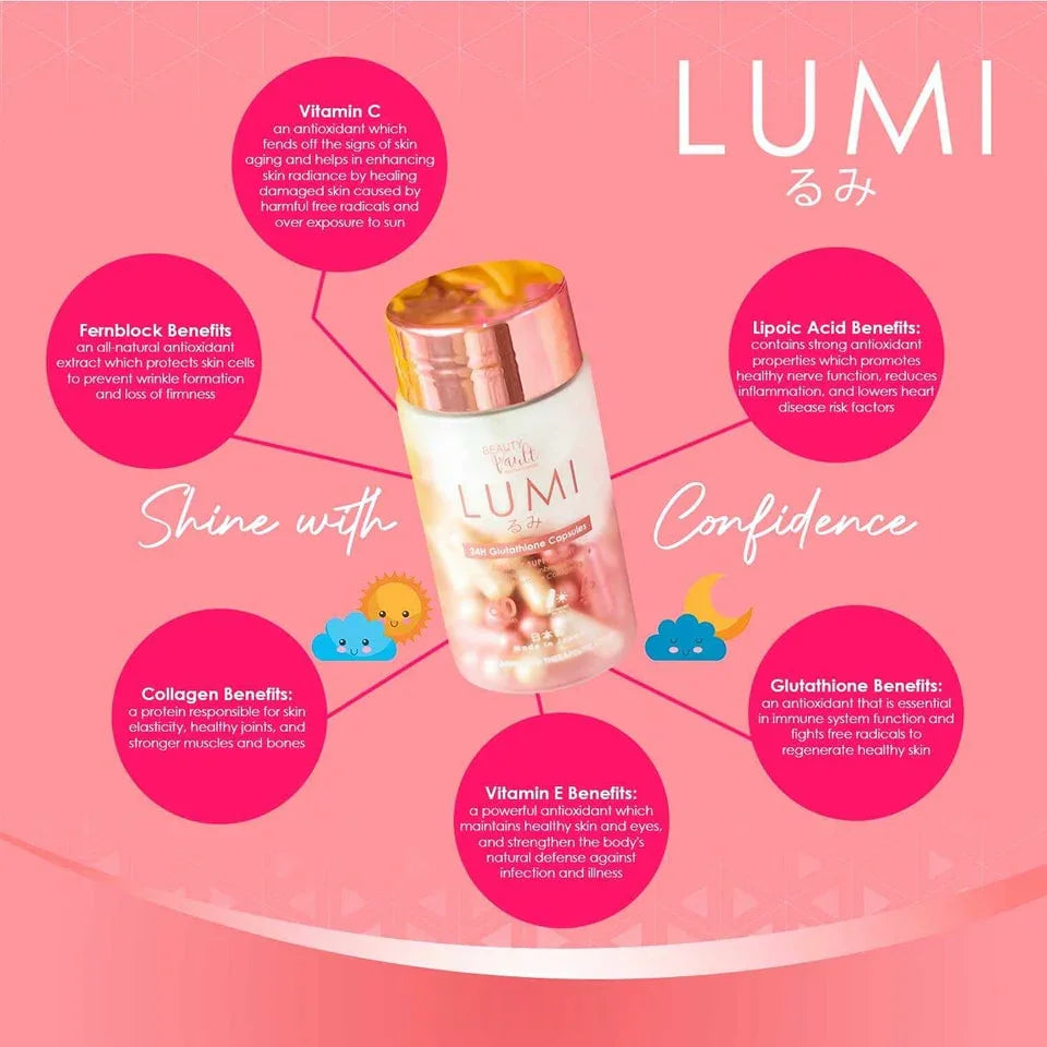 lumi glutathione reviews Beauty Vault Lumi 24H Glutathione 60 Capsules Benefits: Skin Brightening:  Helps lighten dark spots and even out skin tone. Anti-Aging: Reduces signs  of aging such as fine lines and wrinkles. Enhanced Hydration: main image 0