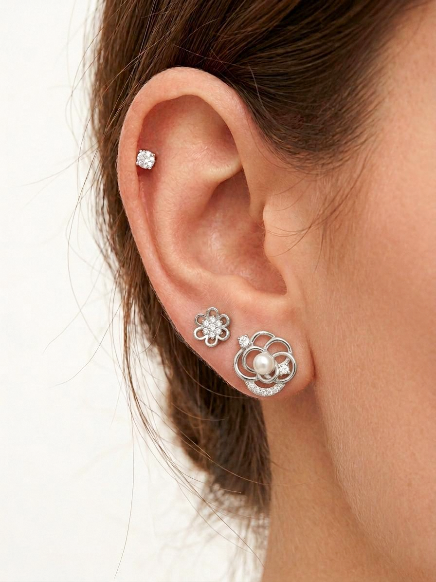 Korean Style Silver Stainless Steel Stud Earrings 3 Pairs - 135