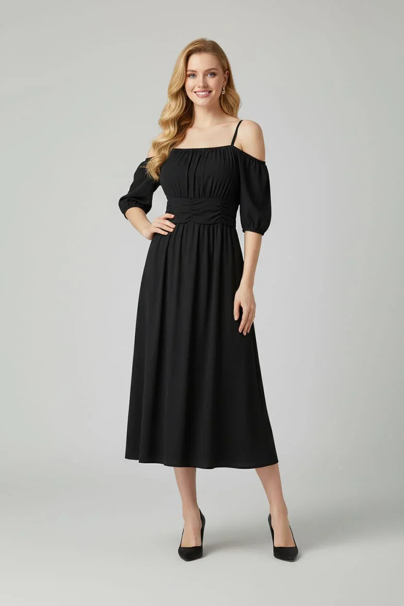 Women's Off-Shoulder Midi Dress with Puff Sleeves