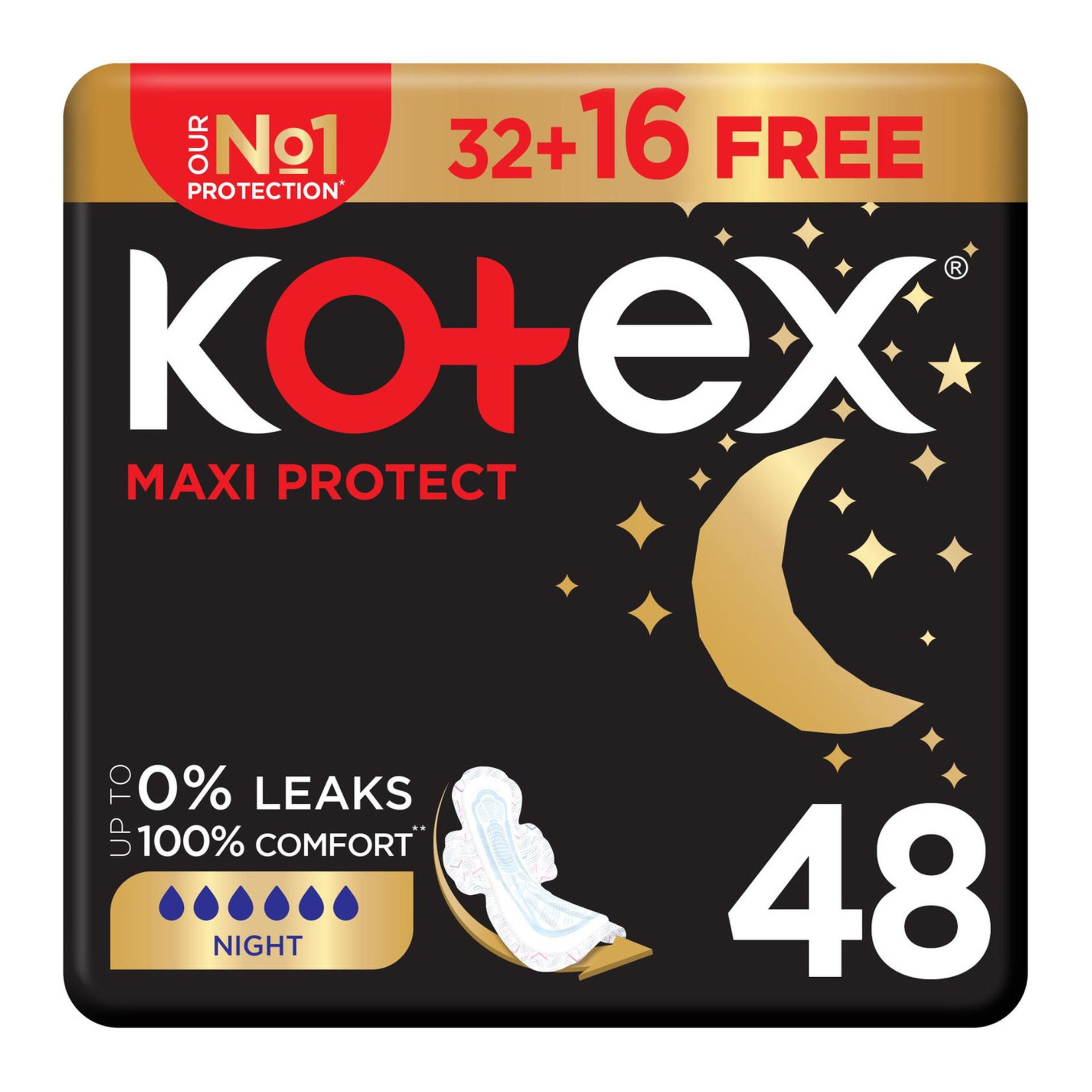 Kotex Maxi Protect Overnight Sanitary Pads With Wings - 48s