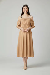 Women's Off-Shoulder Midi Dress with Puff Sleeves