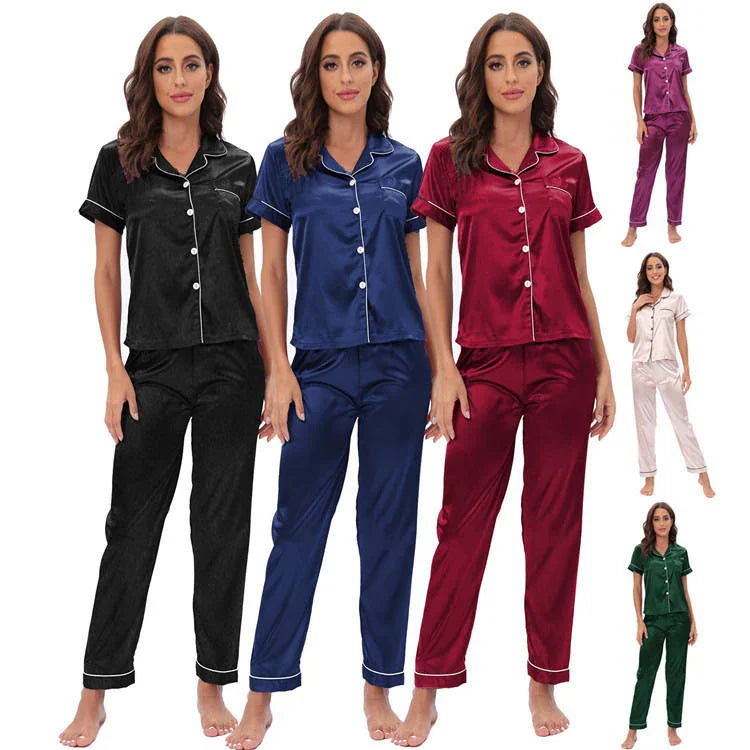 Women's Korean Fashion Silk Pajamas 2 Pcs Set - E8089