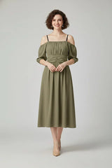 Women's Off-Shoulder Midi Dress with Puff Sleeves