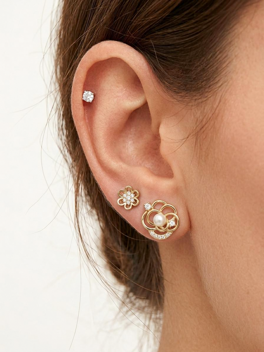 Korean Style Golden Stainless Steel Stud Earrings 3 Pairs - 136