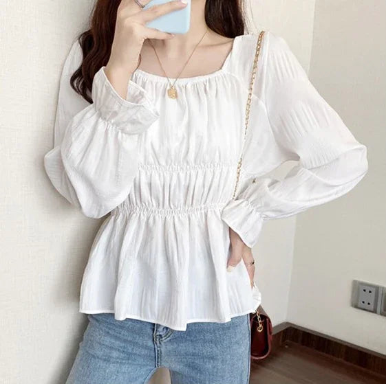 Women's Croptop Vintage Retro Square Shirring Blouse Dress