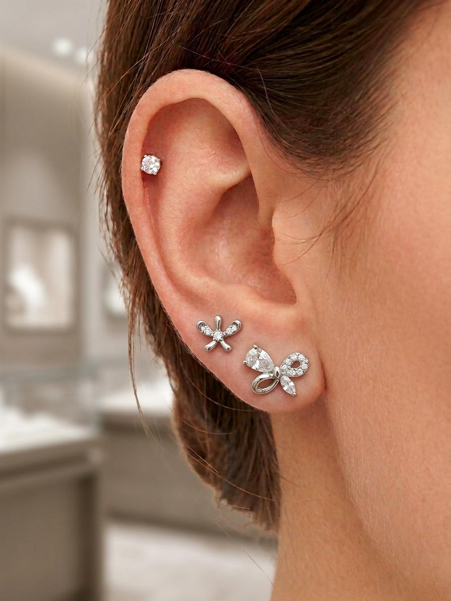 Korean Style Silver Stainless Steel Stud Earrings 3 Pairs - 137