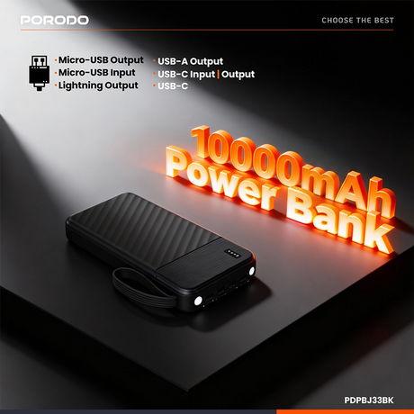 بنك طاقة Porodo Piano بسعة 10000 مللي أمبير في الساعة مع كابلات مدمجة