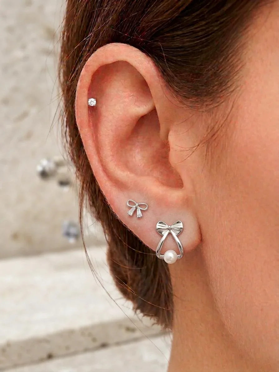 Korean Style Silver Stainless Steel Stud Earrings 3 Pairs - 138