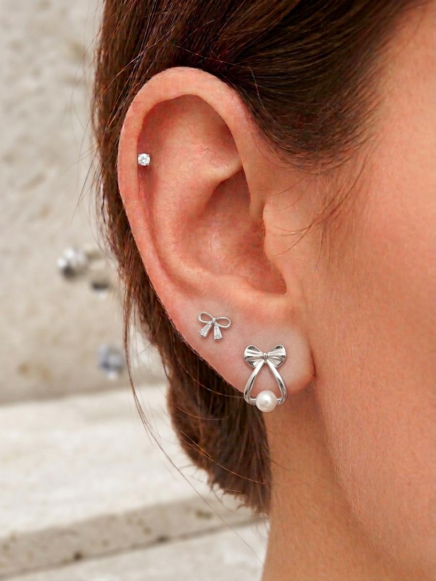 Korean Style Silver Stainless Steel Stud Earrings 3 Pairs - 138