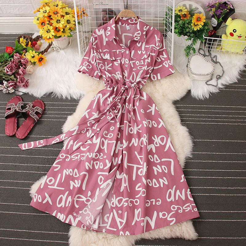 Women's Turn Down Collar Single Breasted Casual Dress