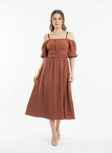 Women's Off-Shoulder Midi Dress with Puff Sleeves